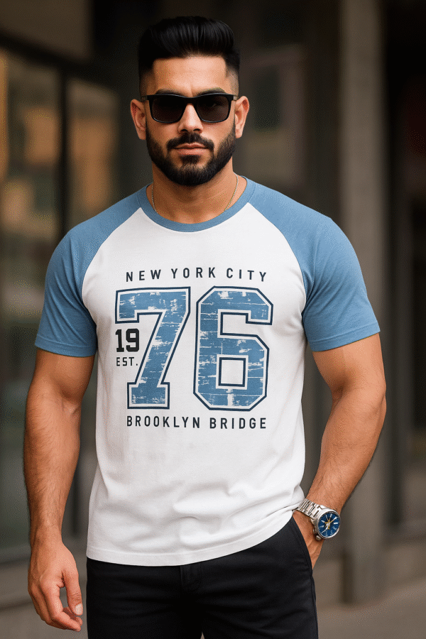 Men's Printed White Blue Regular Fit T-shirt
