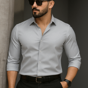 SilverEdge Men's Silver Polyester Formal Shirt