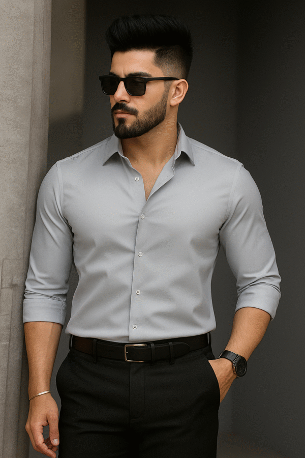 SilverEdge Men's Silver Polyester Formal Shirt